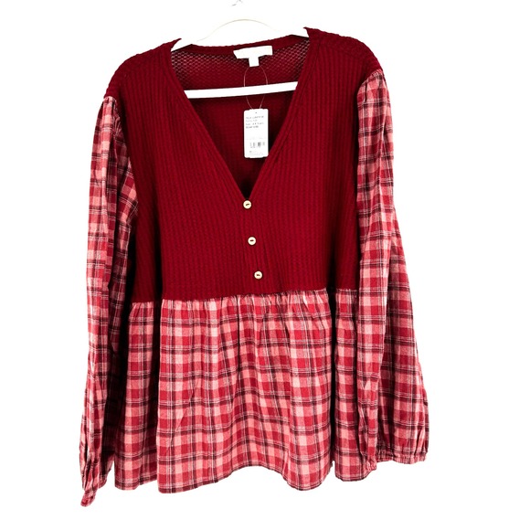 Weekend Suzanne Betro Babydoll Peplum Henley Shirt Womens 4X Red Plaid VNeck NEW - Picture 1 of 9